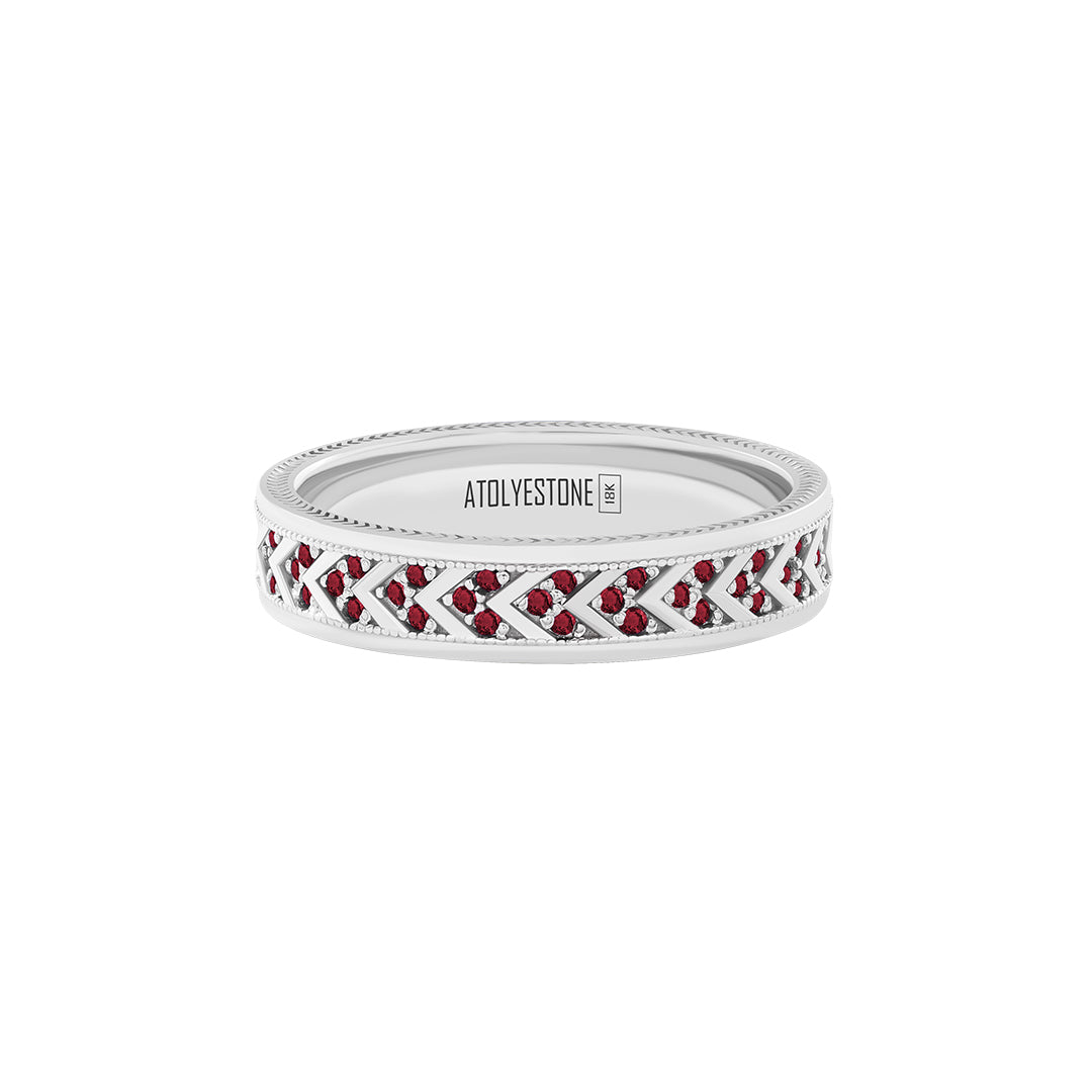 Pave Chevron Band Ring in Solid White Gold - Pave Ruby