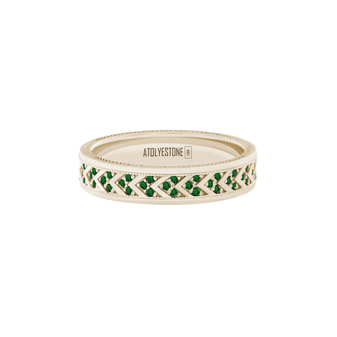 Pave Chevron Band Ring in Solid Yellow Gold - Pave Emerald