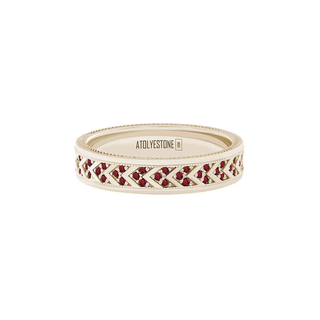 Pave Chevron Band Ring in Solid Yellow Gold - Pave Ruby