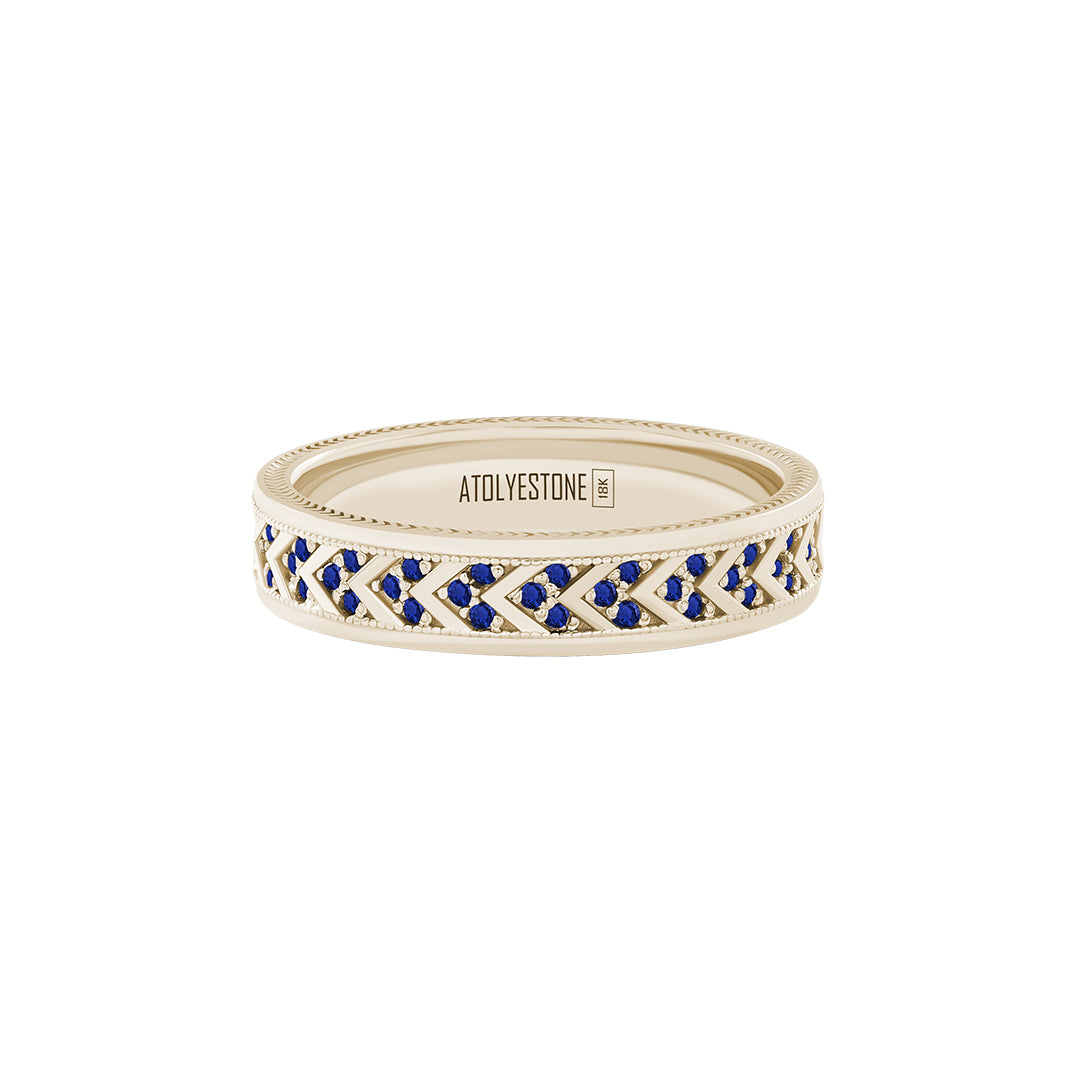 Pave Chevron Band Ring in Solid Yellow Gold - Pave Sapphire