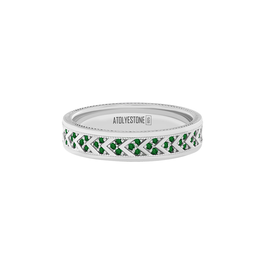Pave Chevron Band Ring in 925 Sterling Silver - Pave Emerald