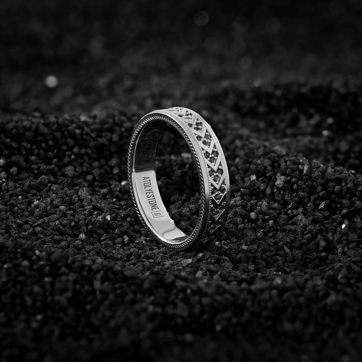 Pave Chevron Pattern Solid Silver Band Ring