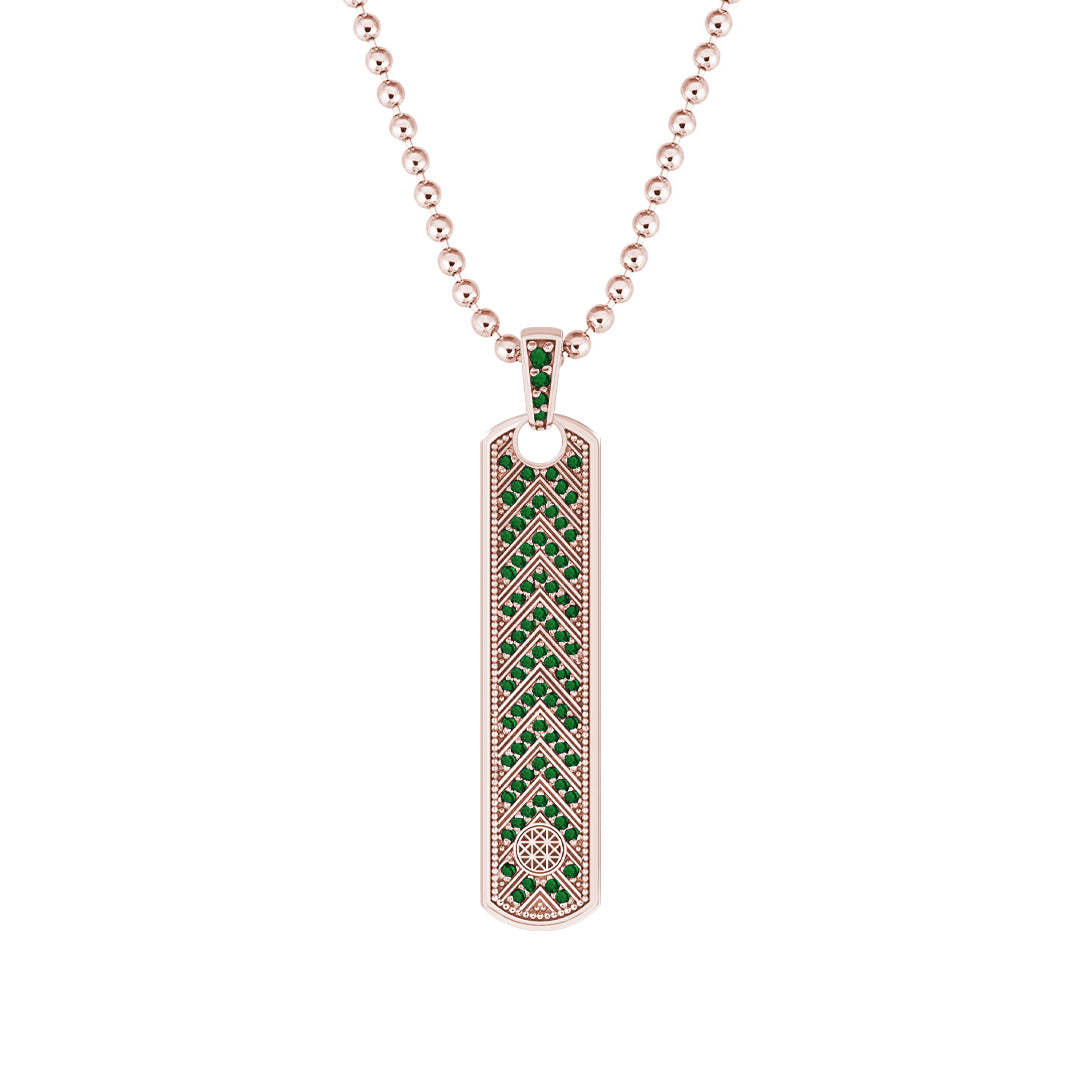 Pave Chevron Samurai Tag Pendant Solid Rose Gold - Pave Emerald