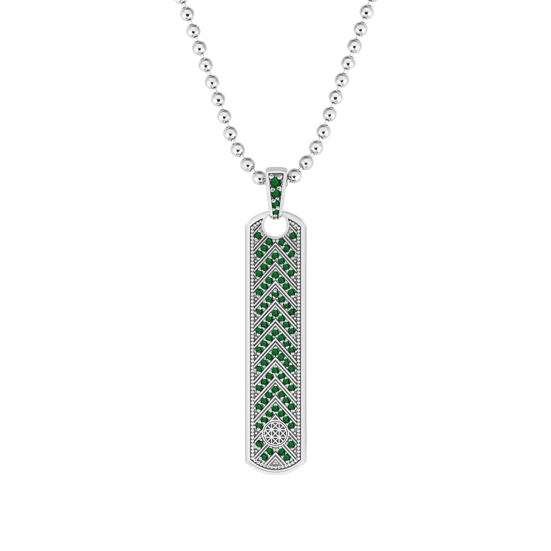Pave Chevron Samurai Tag Pendant Solid White Gold - Pave Emerald