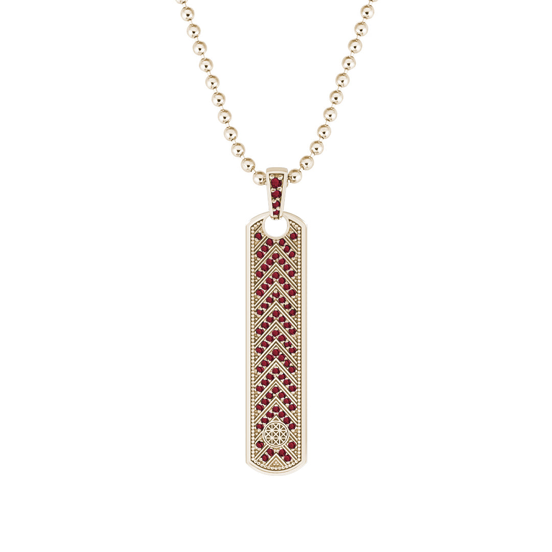 Pave Chevron Samurai Tag Pendant Solid Yellow Gold - Pave Ruby