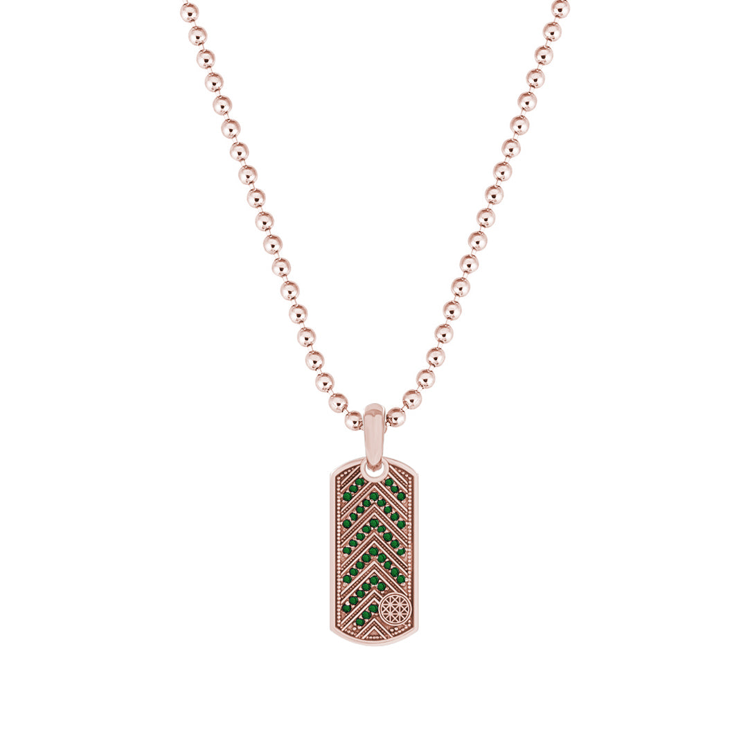 Pave Chevron Tag Pendant in Solid Rose Gold - Pave Emerald