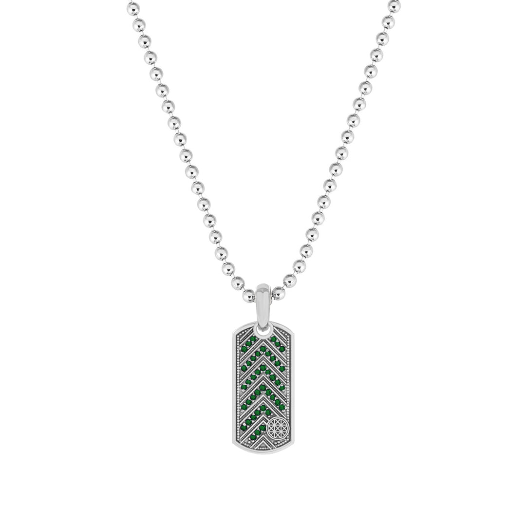 Pave Chevron Tag Pendant in Solid White Gold - Pave Emerald