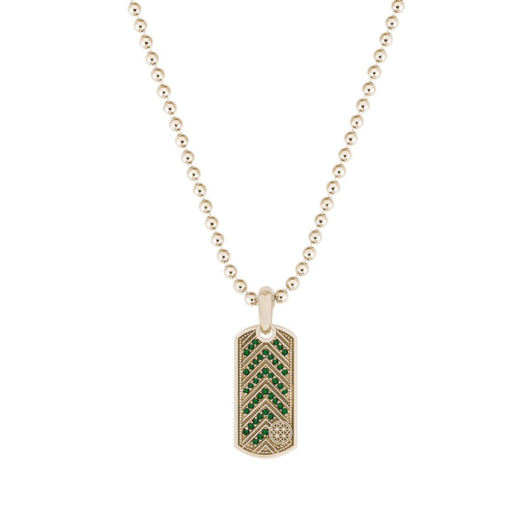 Pave Chevron Tag Pendant in Solid Yellow Gold - Pave Emerald