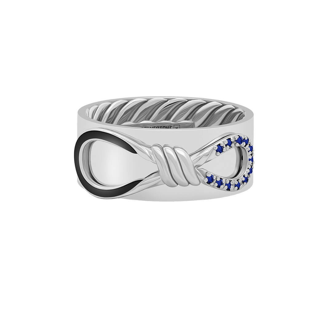 Pave Enamel Infinity Knot Band Ring in Solid White Gold - Sapphire