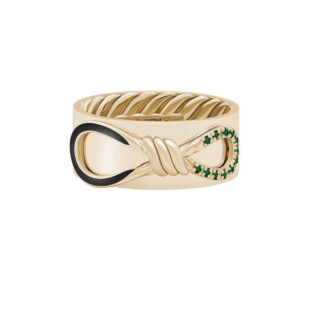 Pave Enamel Infinity Knot Band Ring in Yellow Solid Gold - Emerald