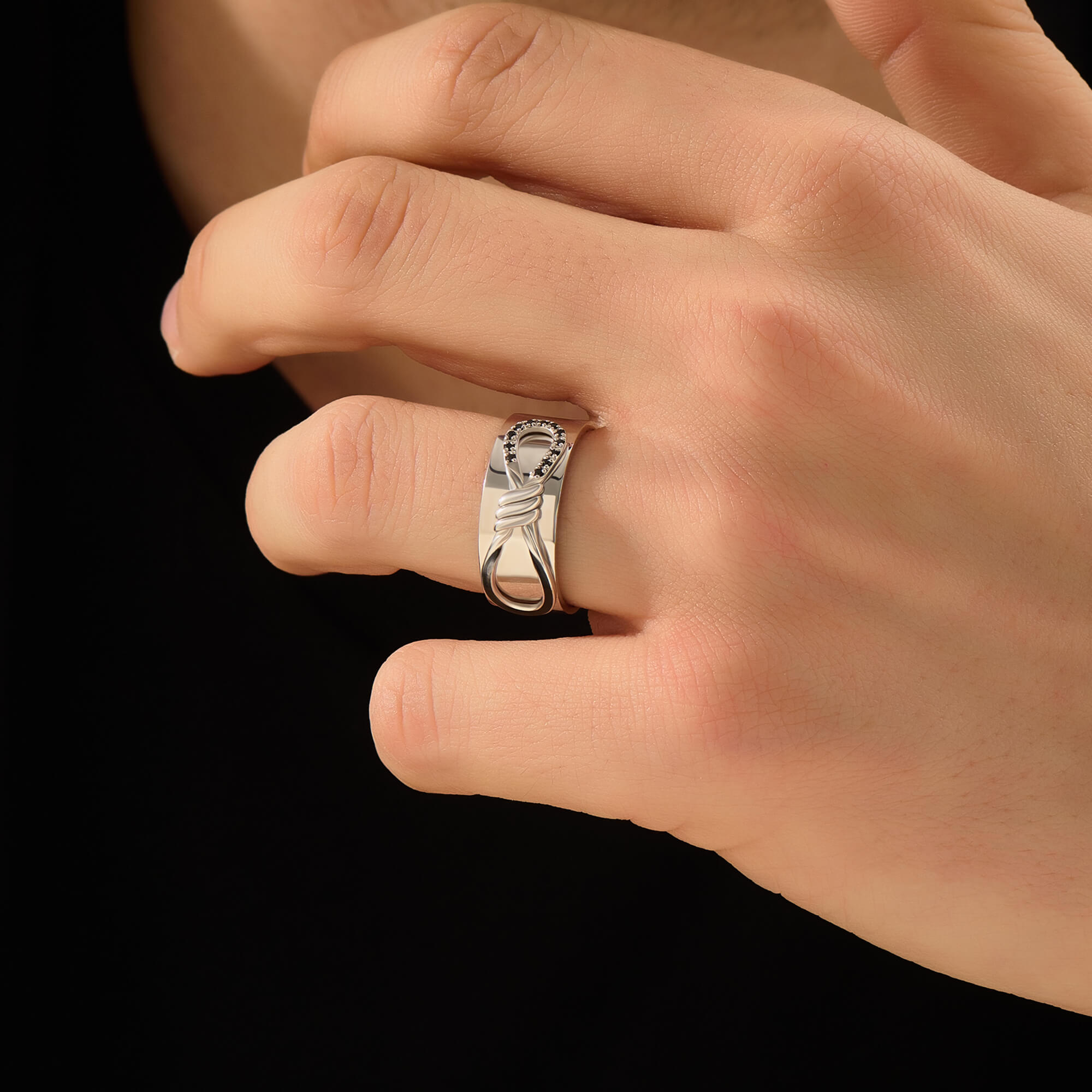 Men's Black Diamond Paved Enamel Infinity Knot Band Ring in 925 Silver