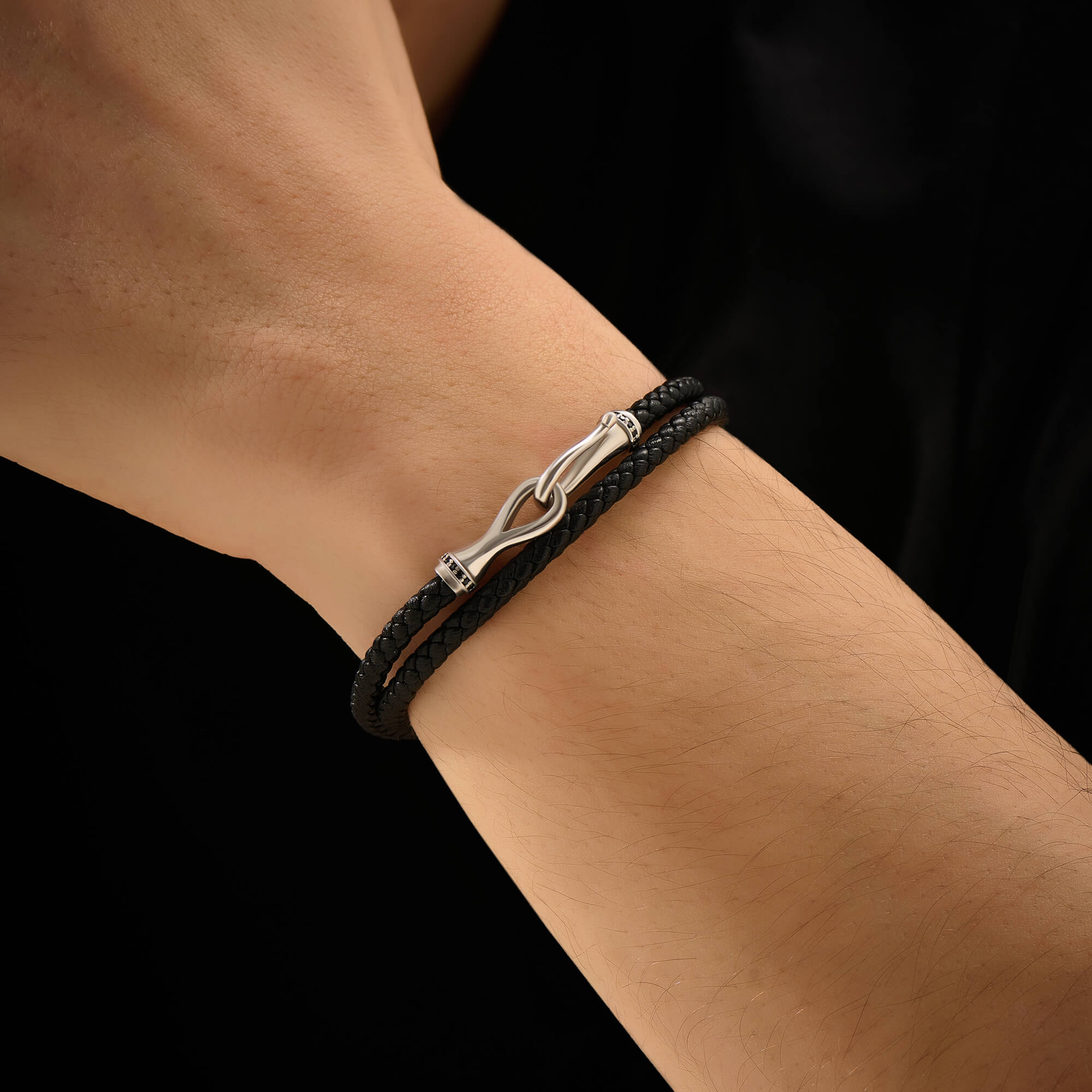 Men's 925 Solid Silver Pave Fish Hook Wrap Leather Bracelet