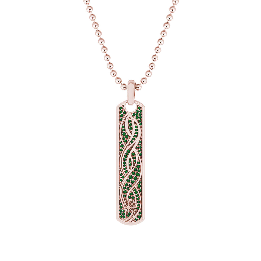 Pave Helix Samurai Tag Pendant in Solid Rose Gold - Pave Emerald