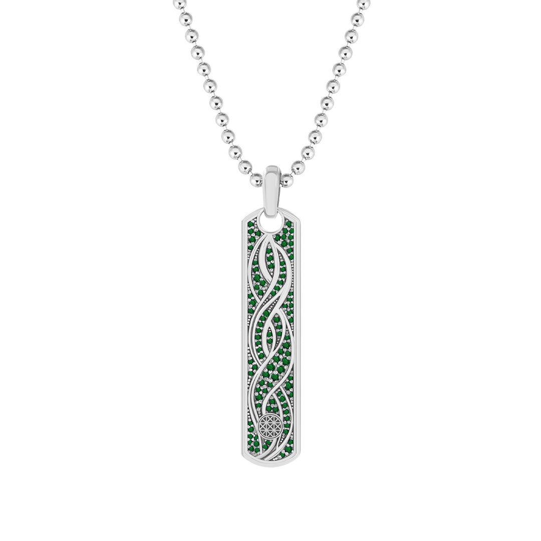Pave Helix Samurai Tag Pendant in Solid White Gold - Pave Emerald