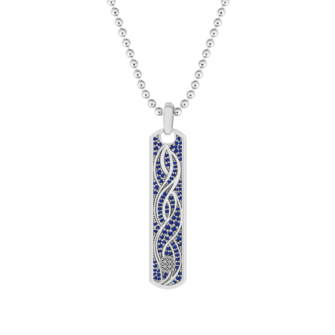 Pave Helix Samurai Tag Pendant in Solid White Gold - Pave Sapphire