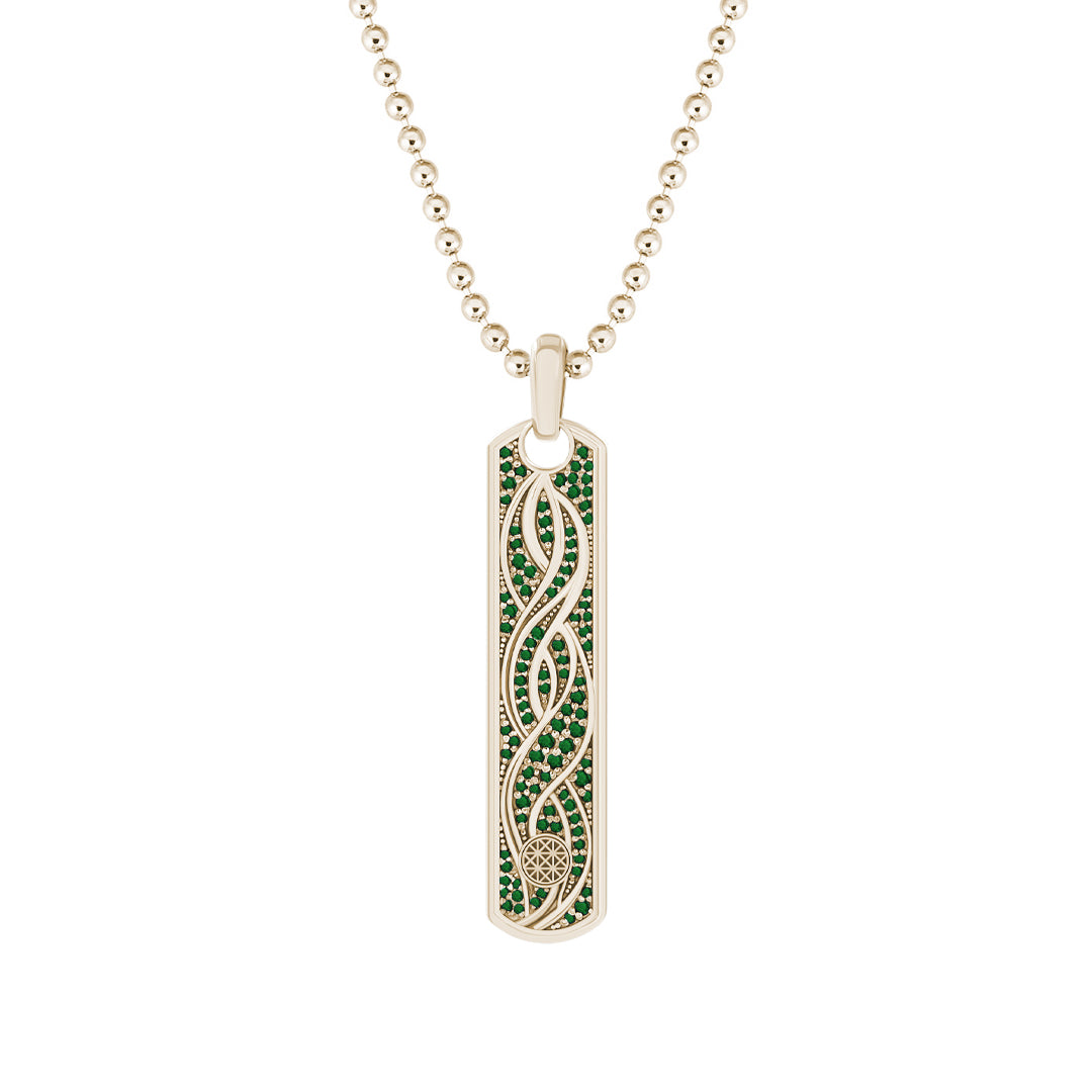Pave Helix Samurai Tag Pendant in Solid Yellow Gold - Pave Emerald