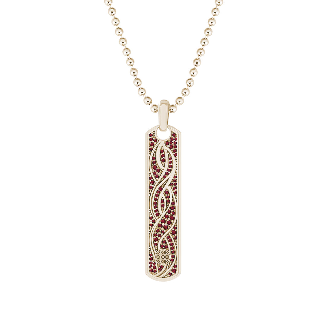 Pave Helix Samurai Tag Pendant in Solid Yellow Gold - Pave Ruby