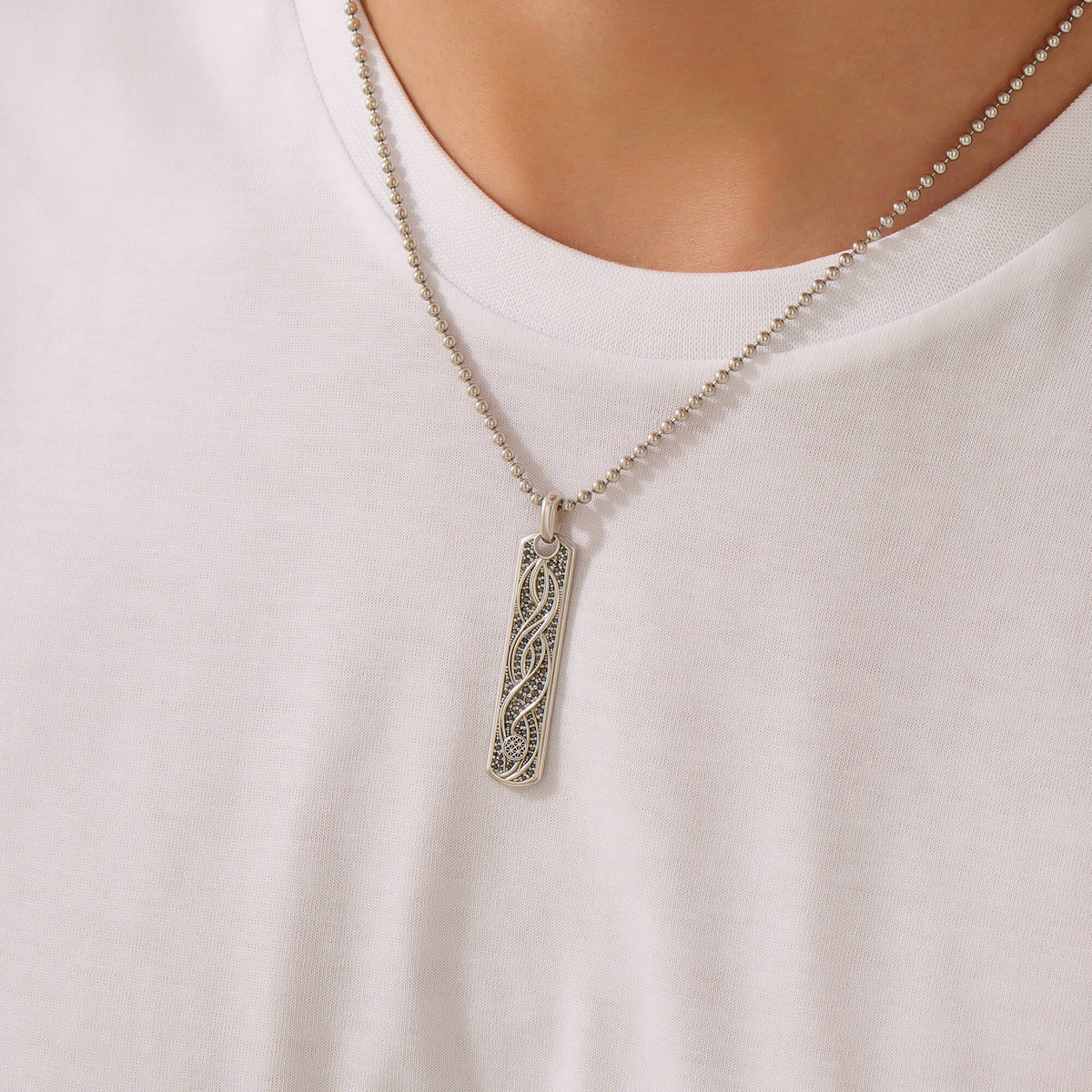 Men's Solid Silver Pave Helix Samurai Tag Pendant