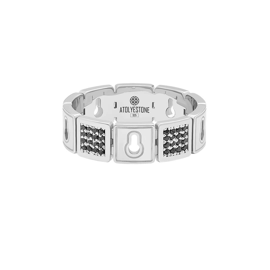 Pave Lock Band Ring in 925 Sterling Silver - Black Diamonds