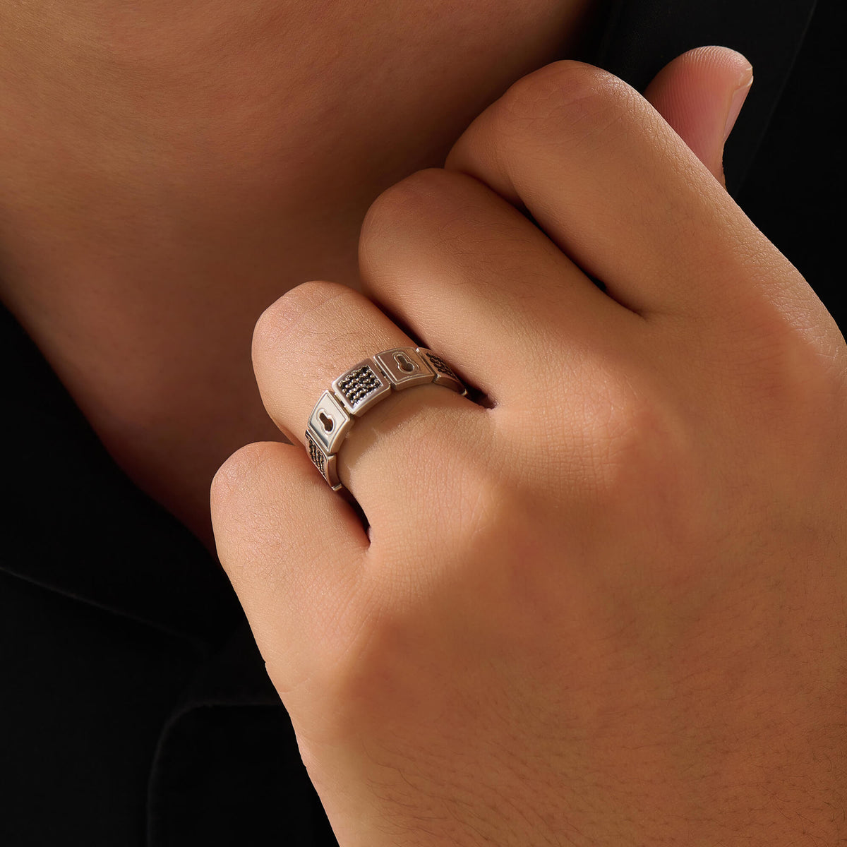 Men's Solid Silver Pave Lock Band Ring