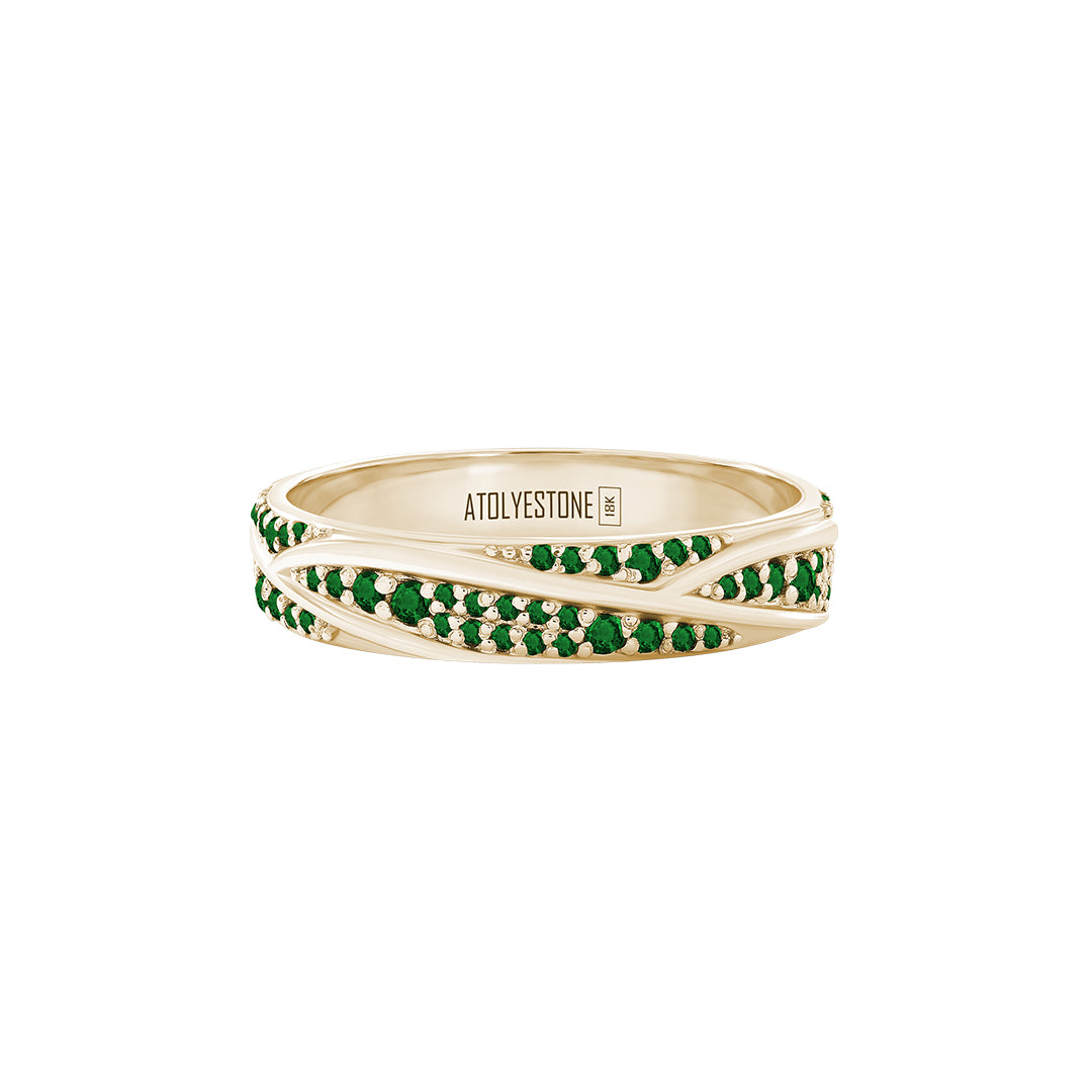 Pave Ridge Band Ring in Solid Yellow Gold - Pave Emerald