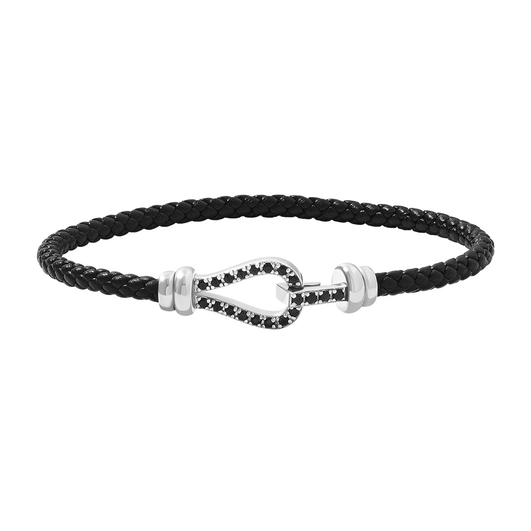 Pave Snap Buckle Leather Bracelet in 925 Silver - Black Silver