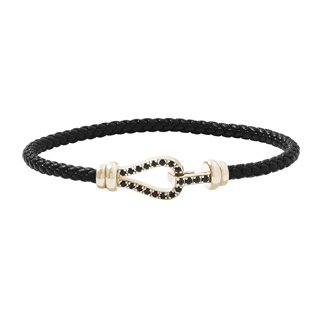 Pave Snap Buckle Leather Bracelet in 925 Silver - Black Leather Yellow Gold