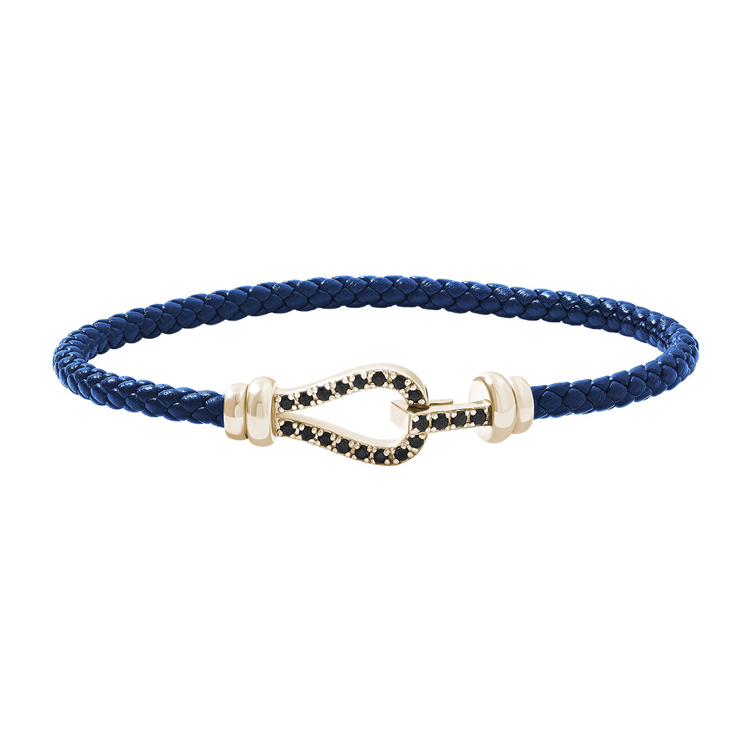Pave Snap Buckle Leather Bracelet in 925 Silver - Blue Leather Yellow Gold