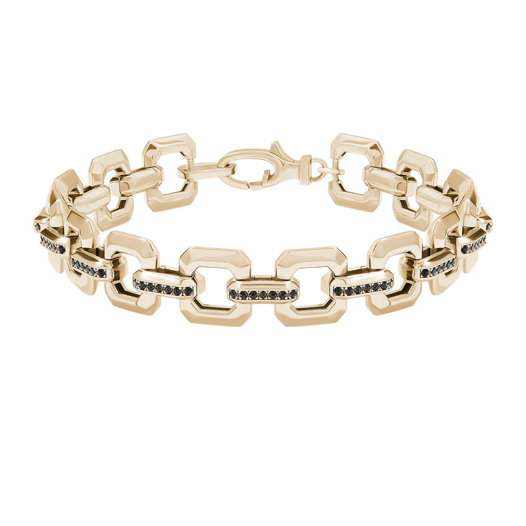 Pave Square Link Chain Bracelet in Real Yellow Gold with Black Diamonds