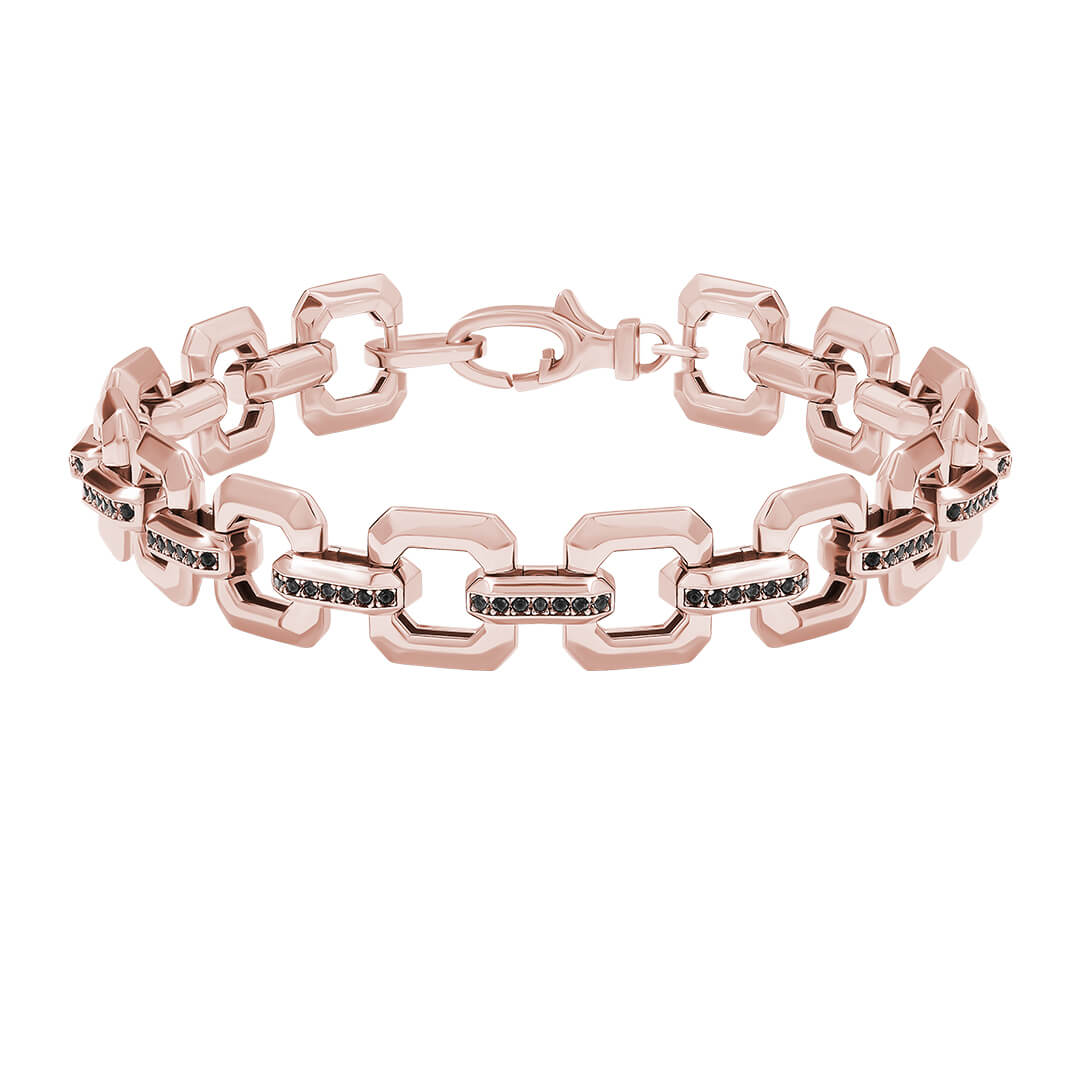 Pave Square Link Chain Bracelet in Real Rose Gold with Black Diamonds