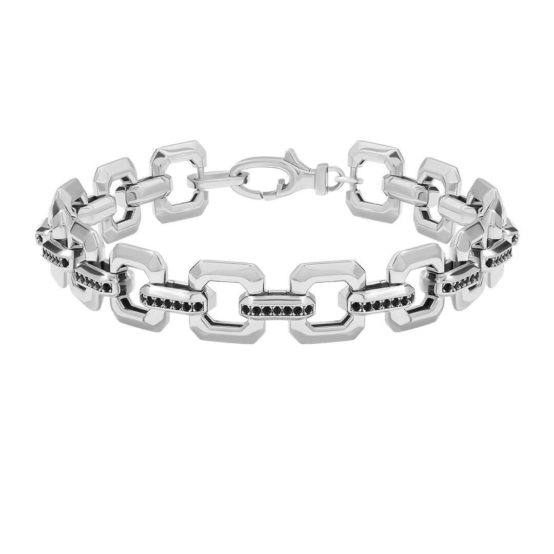 Pave Square Design Link Chain Bracelet in 925 Sterling Silver with Cubic Zirconia