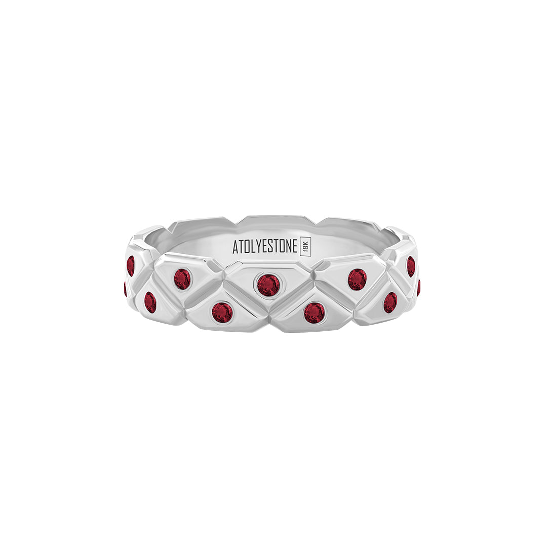 Pave Triangle Band Ring in Solid White Gold - Pave Ruby
