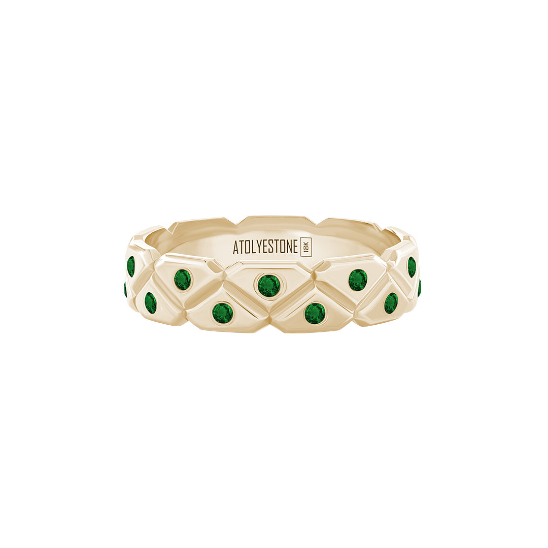 Pave Triangle Band Ring in Solid Yellow Gold - Pave Emerald