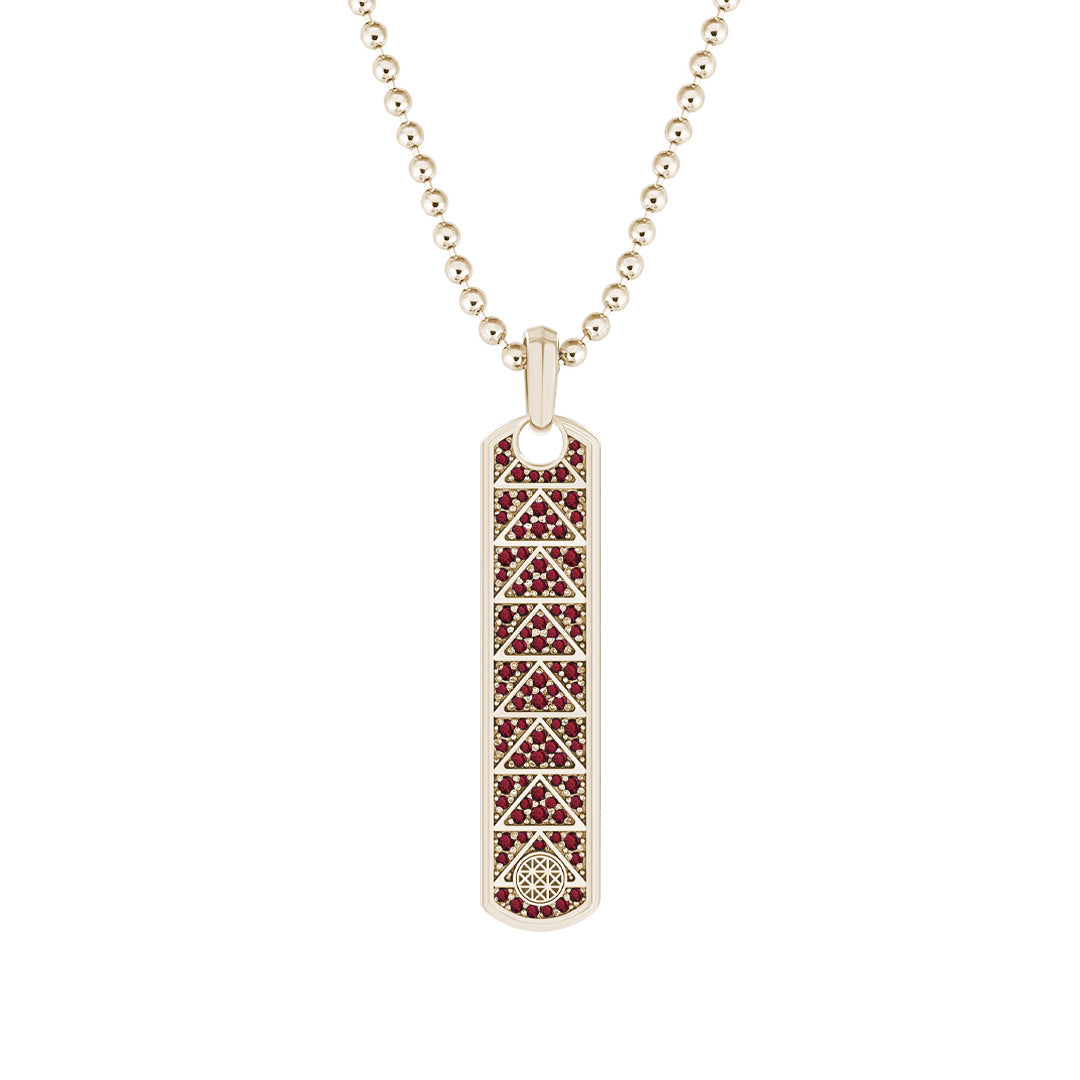 Pave Trinity Samurai Tag Pendant in Solid Yellow Gold - Pave Ruby