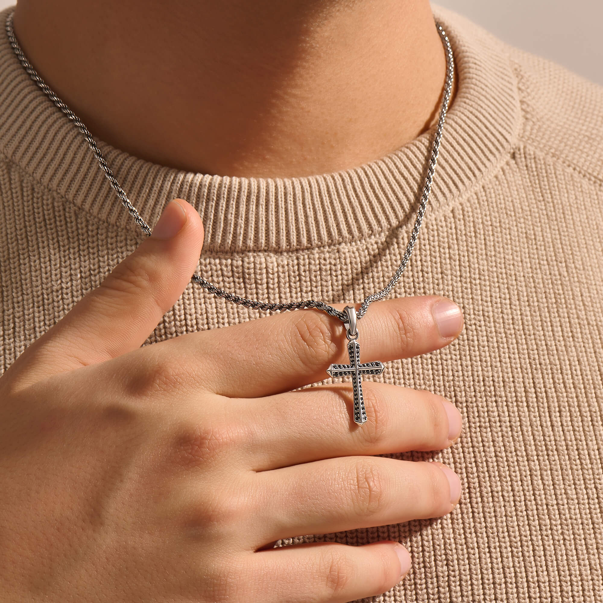 Men's Paved Cross Pendant Necklace in Solid Silver