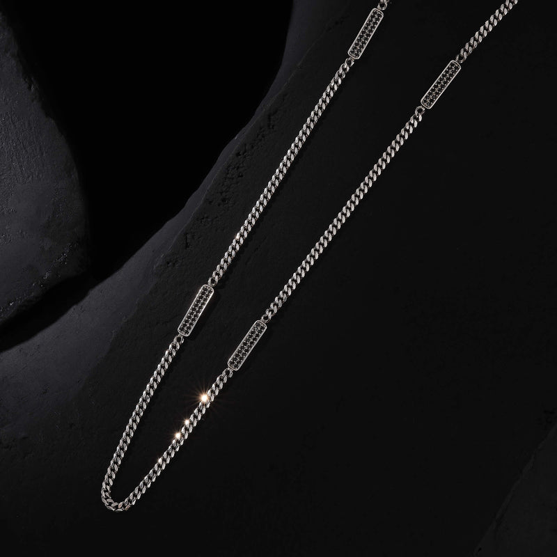 925 Sterling Silver Cuban Links Chain Necklace with Black CZ Paved Tags for Men