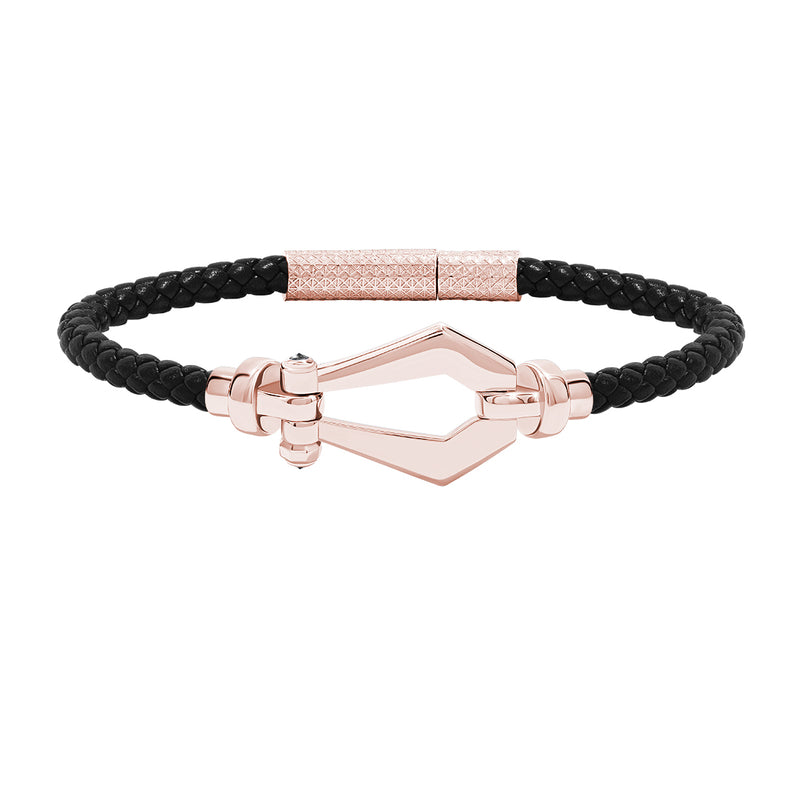 Atolyestone Men's Leather and Buckle Bracelet in Solid Rose Gold - Black Nappa