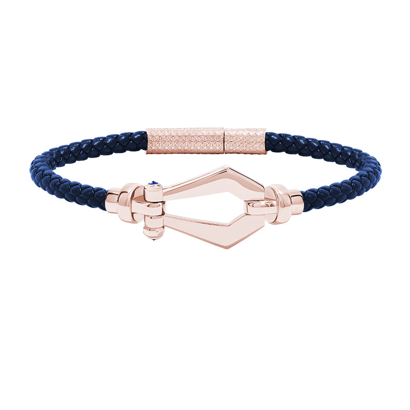 Atolyestone Men's Leather and Buckle Bracelet in Solid Rose Gold - Blue Nappa