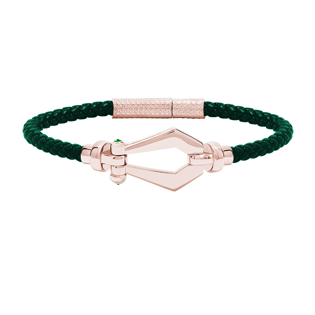 Atolyestone Men's Leather and Buckle Bracelet in Solid Rose Gold - Green Nappa