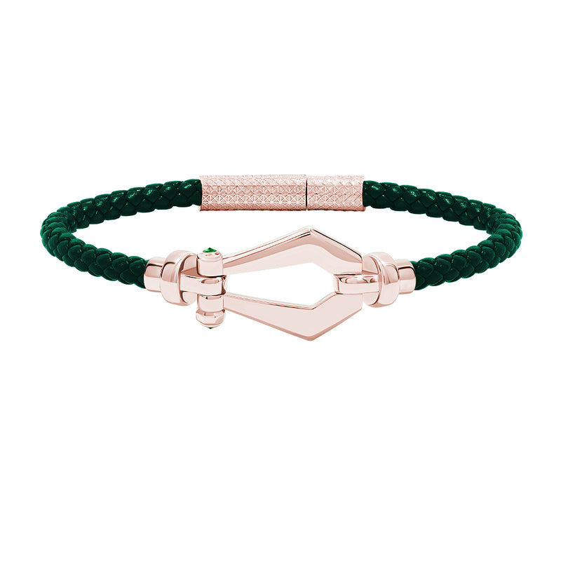 Atolyestone Men's Leather and Buckle Bracelet in Solid Rose Gold - Green Nappa