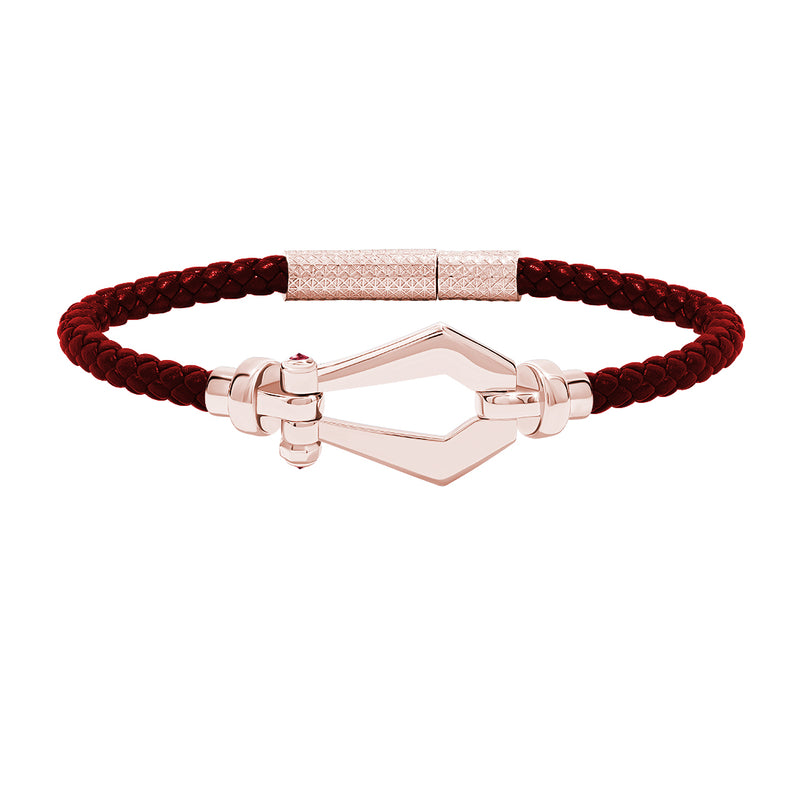 Atolyestone Men's Leather and Buckle Bracelet in Solid Rose Gold - Red Nappa