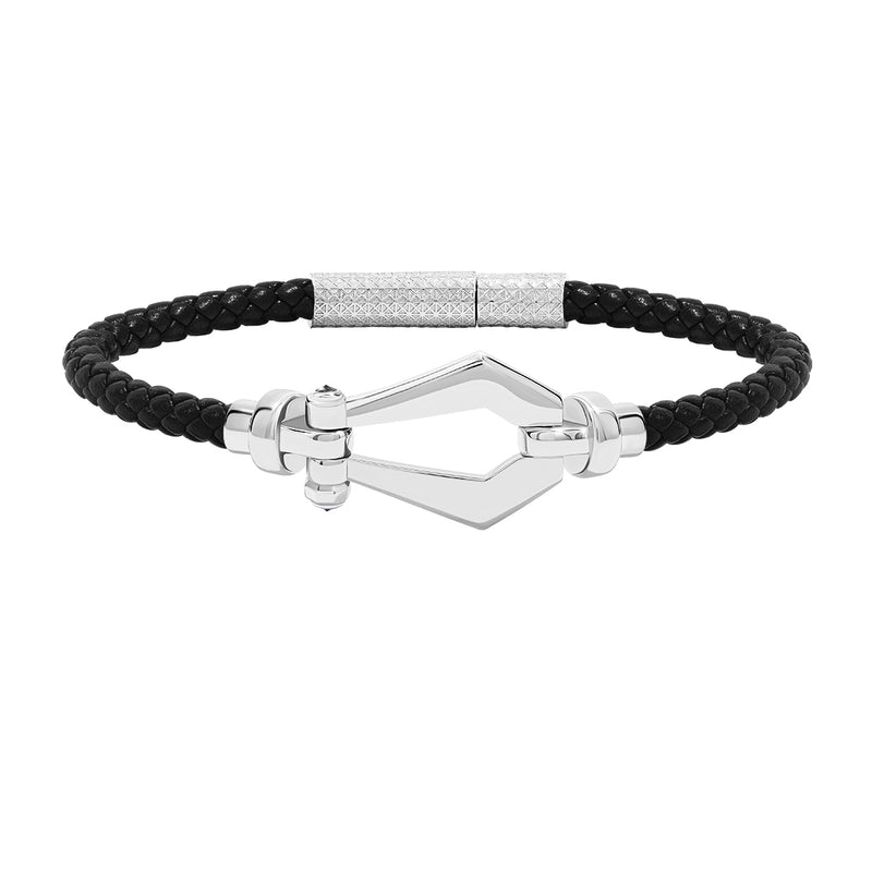 Atolyestone Men's Leather and Buckle Bracelet in Solid White Gold - Black Nappa