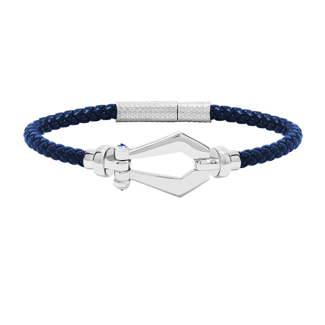 Atolyestone Men's Leather and Buckle Bracelet in Solid White Gold - Blue Nappa