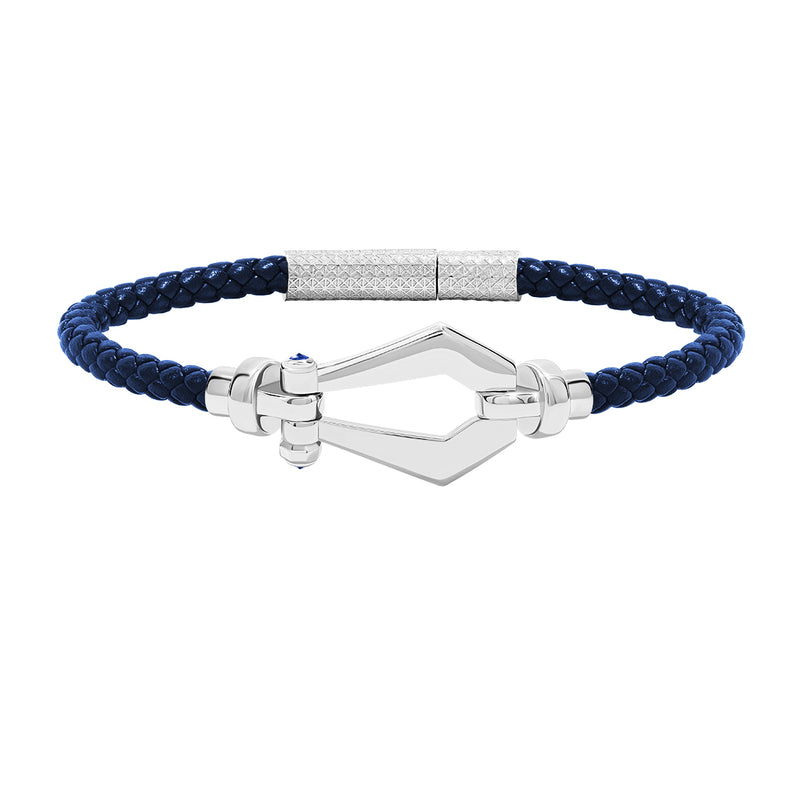 Atolyestone Men's Leather and Buckle Bracelet in Solid White Gold - Blue Nappa