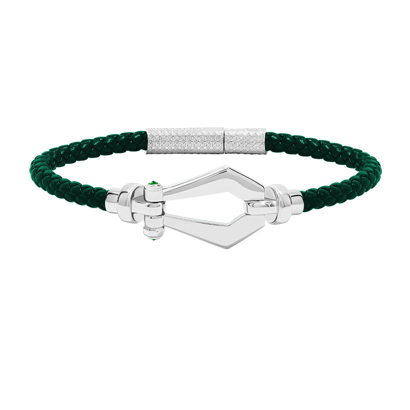 Atolyestone Men's Leather and Buckle Bracelet in Solid White Gold - Green Nappa