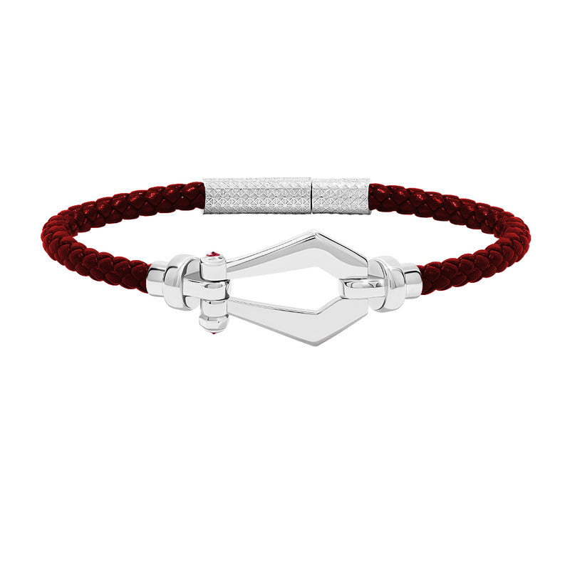 Atolyestone Men's Leather and Buckle Bracelet in Solid White Gold - Red Nappa