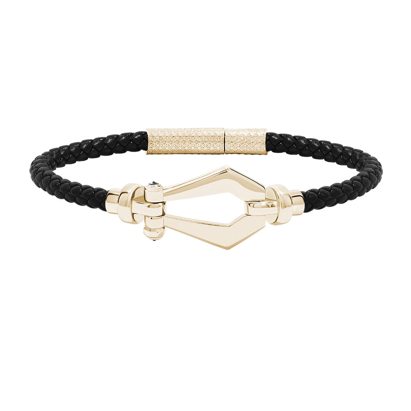 Atolyestone Men's Leather and Buckle Bracelet in Solid Yellow Gold - Black Nappa