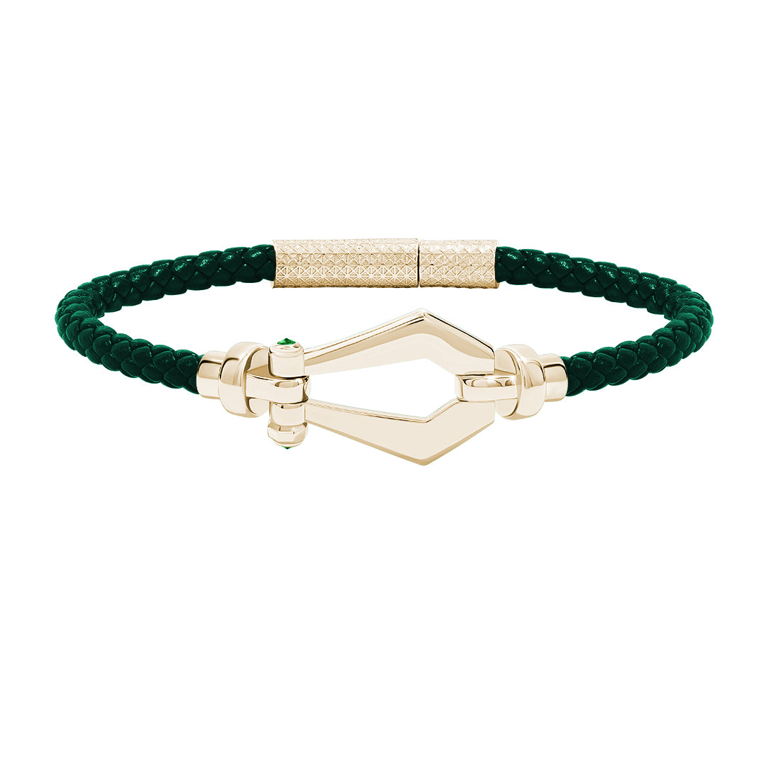 Atolyestone Men's Leather and Buckle Bracelet in Solid Yellow Gold - Green Nappa