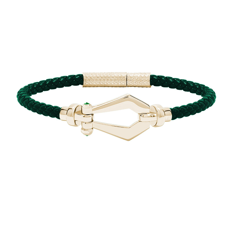 Atolyestone Men's Leather and Buckle Bracelet in Solid Yellow Gold - Green Nappa