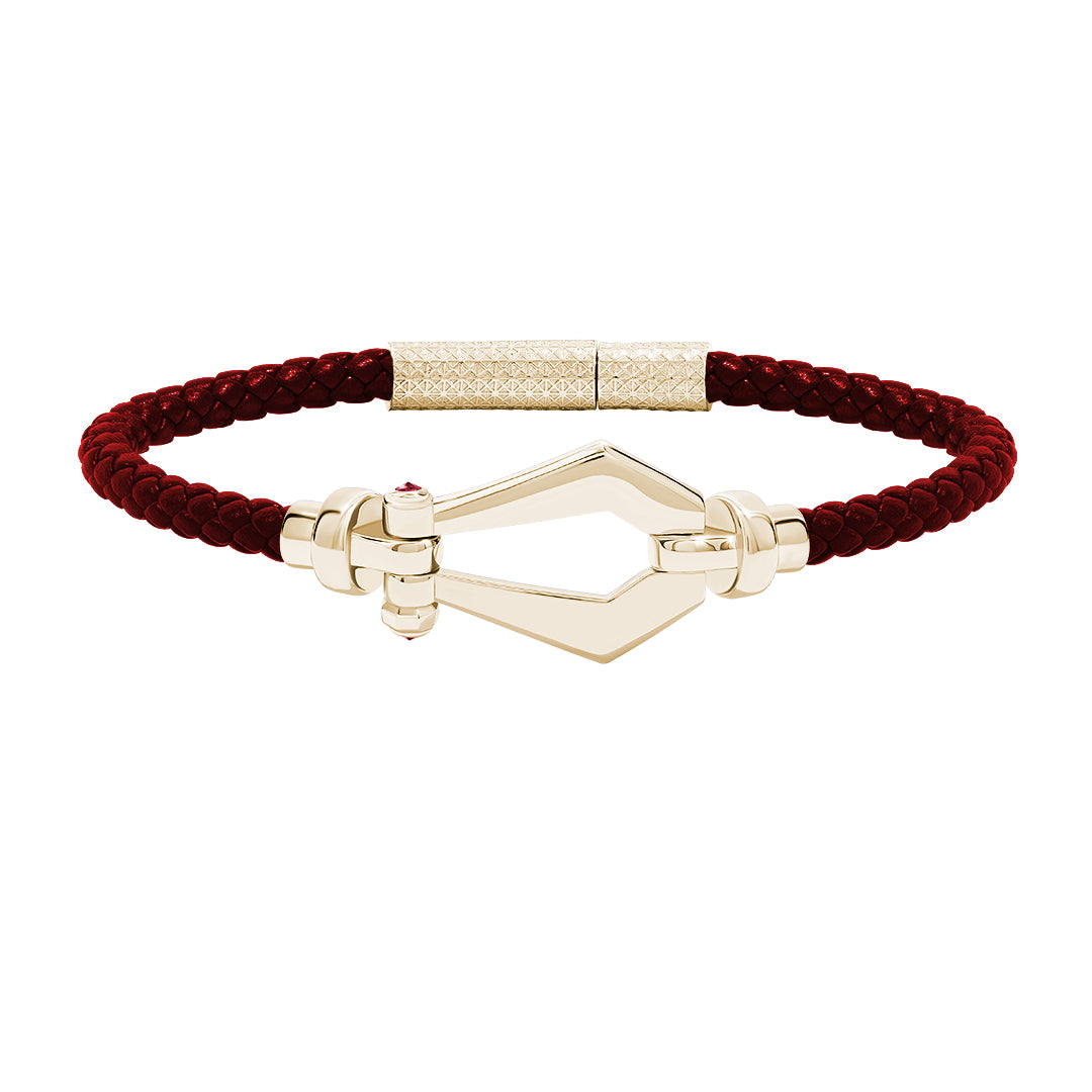 Atolyestone Men's Leather and Buckle Bracelet in Solid Yellow Gold - Red Nappa